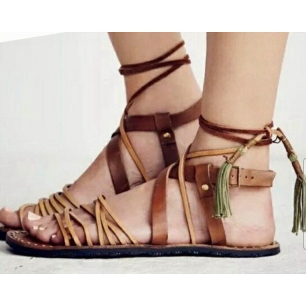 Free People Brown Leather Strappy Studded Tassel Ankle Buckle Flat Sandals 9.5